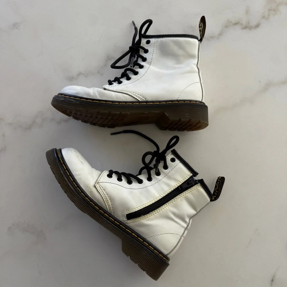 Dr. Martens White and Black Kids Leather Lace-Up Boots